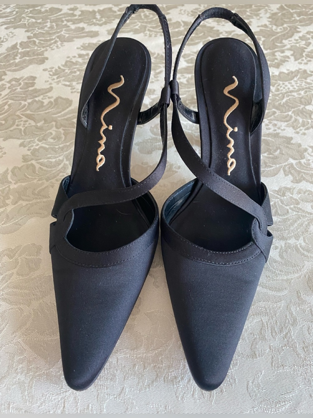 Nina Black Satin Pointed-Toe Slingback Heels with Cross Strap